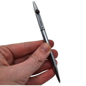 Vtg 1960s Chromatic Silver Tone Writing Pen w/ Burgundy Stone Detail Mid Century